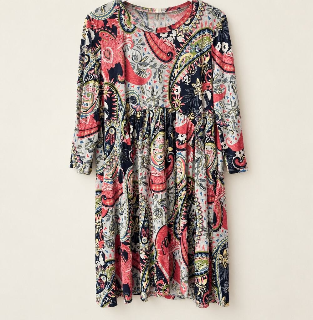 Paisley Grace Paisley Dress Boho Long Sleeve Scoop Neck Pockets NWOT